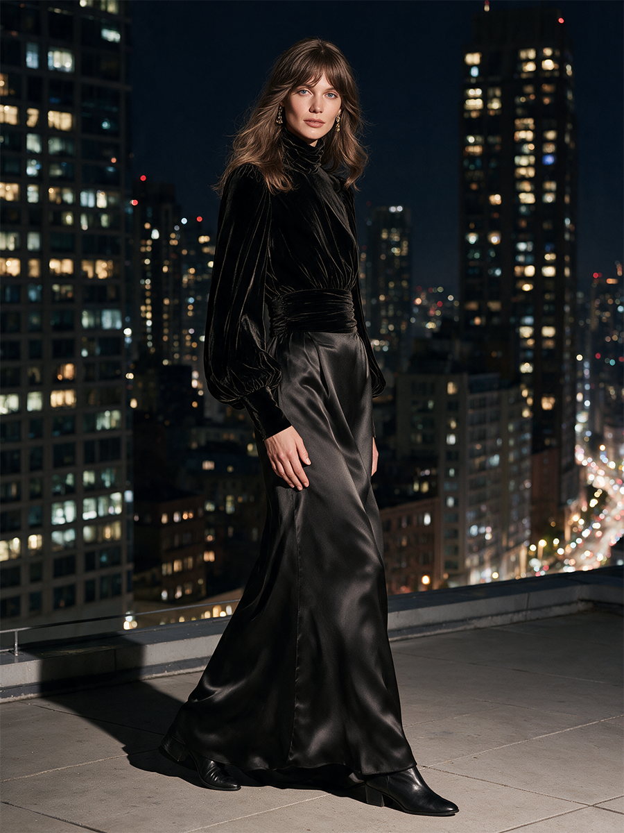 Women's Waist‑Defined Velvet Satin Set For Evening Party MDZ0268I6LYL