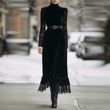 Retro Fashion Black Velvet Lace Midi Dress