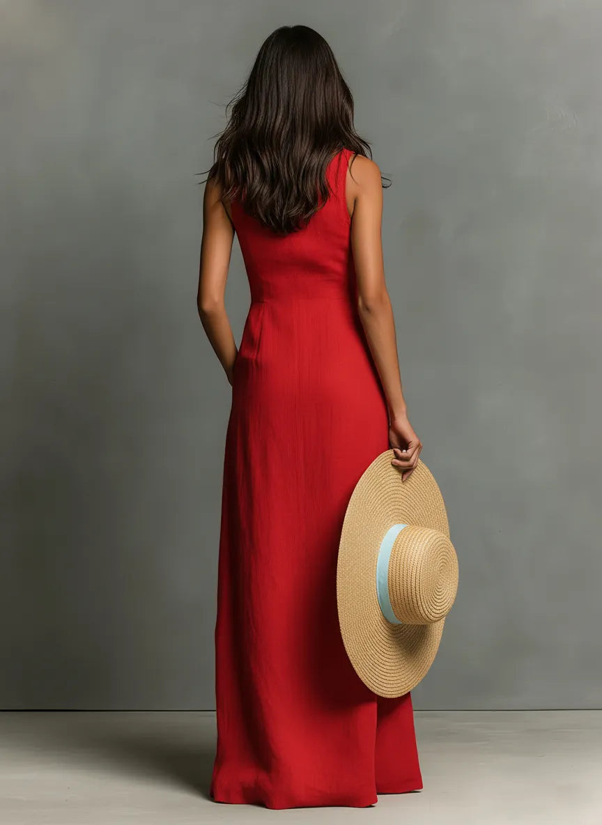 Women's Minimalist Linen-Blend Collared Single-Breasted Sleeveless Maxi Shirt Dress MDZ1011C0Y