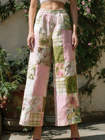Women's Retro Bohemian Floral Patchwork Linen Trousers