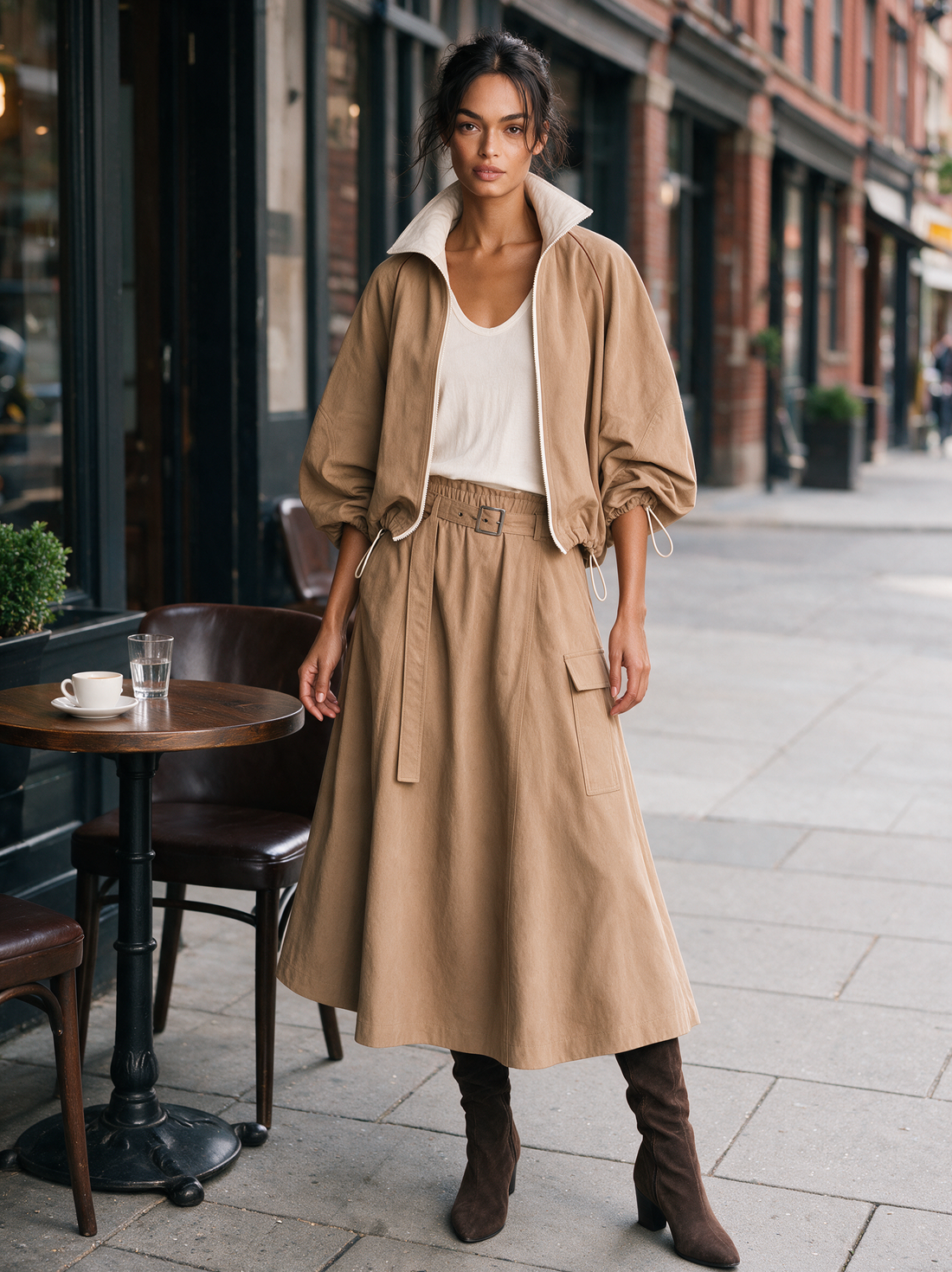 Women's Casual Khaki Woven Long-Sleeve Jacket And Skirt Two-Piece Set (White Inner Top Not Included) MDZ2805H6LXY