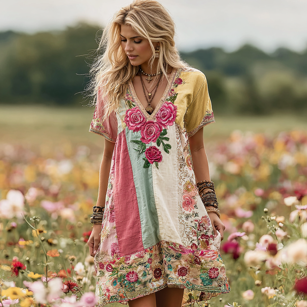 Women's Vintage Rose Floral Patch Linen Short Dress