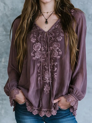 Boho Tie V Neck Dusty Mauve Floral Embroidered Blouse
