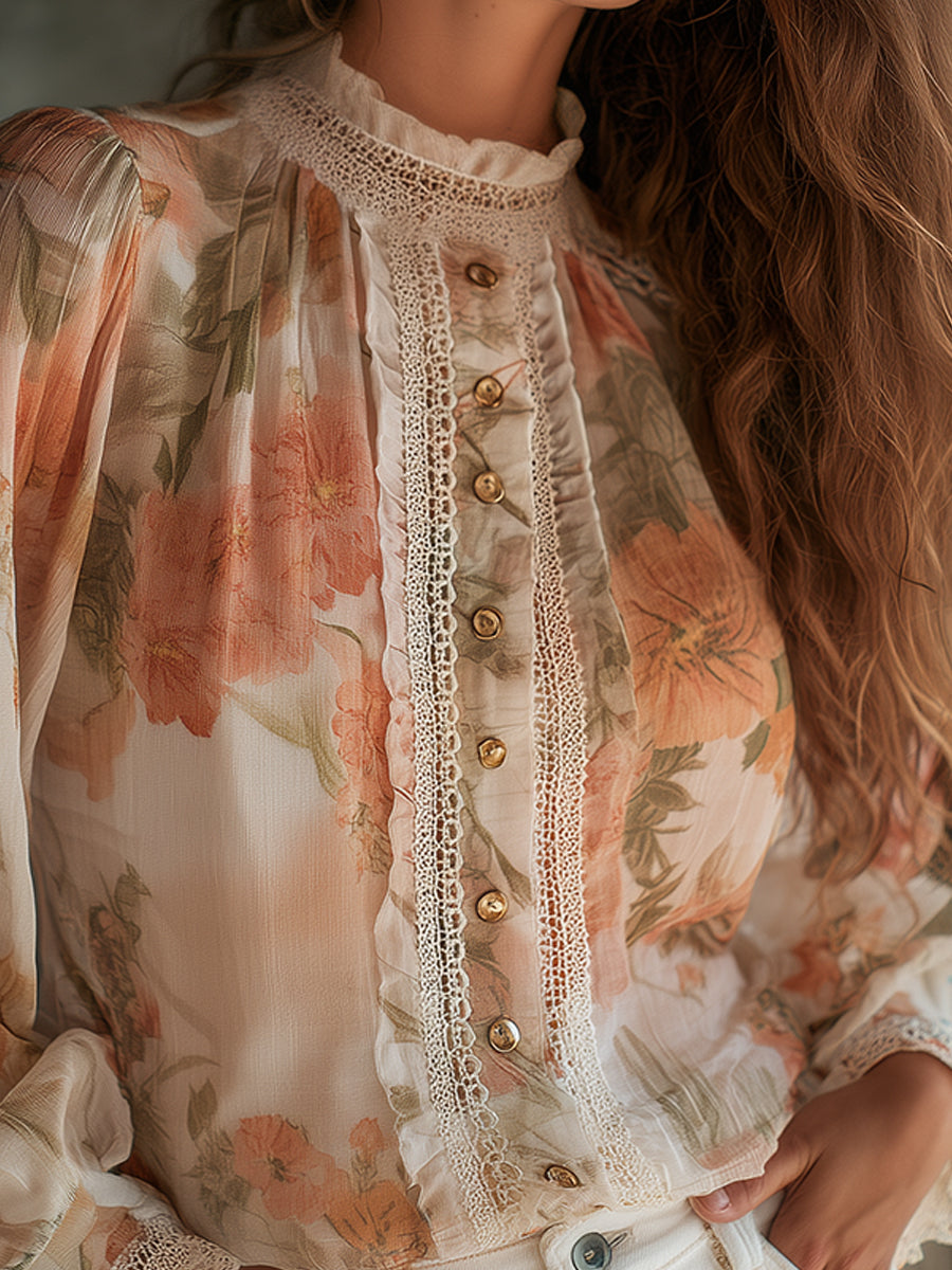 Romantic Bohemian Chiffon Printed Lace Blouse