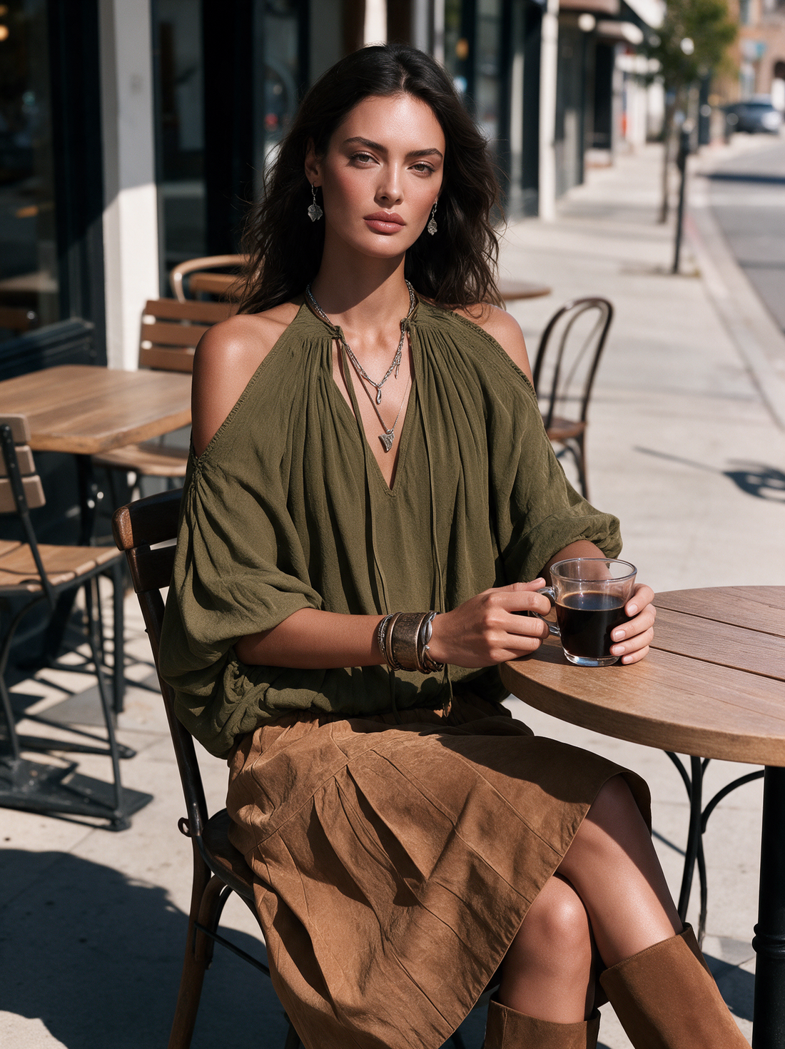 Women's Casual Olive Green Woven Top And A Brown Eco-Suede Skirt Two-Piece Set MDZ0130I7LXY