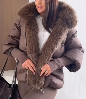 Fur Collar Puffer Jacket Women Brown Winter Short Coat