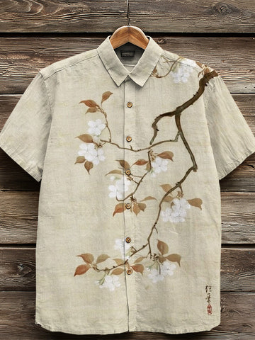 Retro Japanese Cherry Blossom Art Linen Shirt