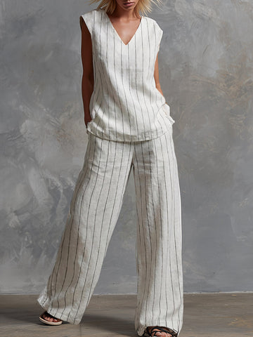 Classic Striped White Cotton Sleeveless Top And Wide-leg Pants Set