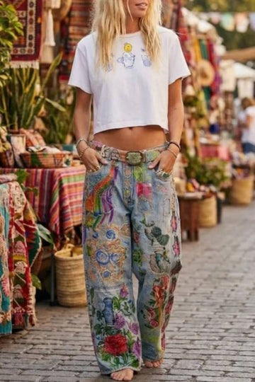 Boho Floral Bird Patch Distressed Wide Leg Washed Jeans High Waist Raw Hem Hippie Casual Trousers
