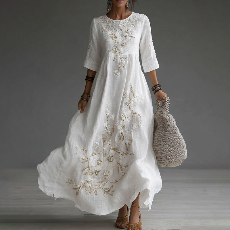 Japanese Floral Art Embroidered Casual Linen Maxi Dress