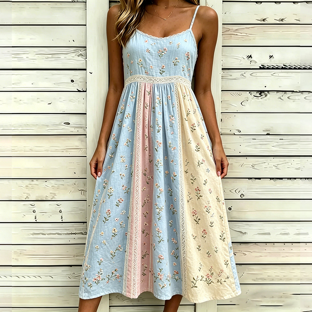 Vintage Rose Art Embroidery Color-block Spliced Comfortable Cotton Linen Refreshing Spaghetti Strap Dress