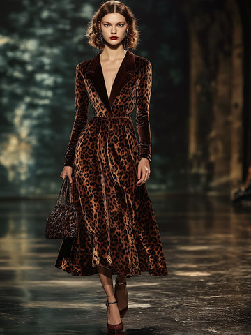 [24-hour shipping out]Lapel Fashion Party Leopard Print Velvet Long Sleeve Midi Dress