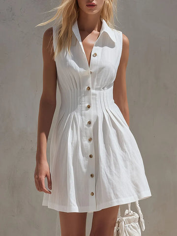 Casual Retro White Sleeveless Collared Button-down Pleated Cotton Linen Mini Dress