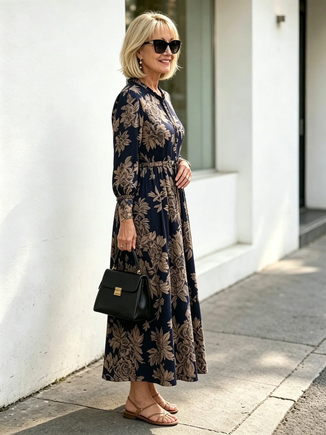 Navy Vintage Floral Maxi Dress, Ruffle Neck 3/4 Sleeve Elastic Waist Slimming Dress for Mature Women