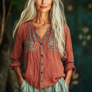 Women's Linen Mini Floral Print Panel Shirt