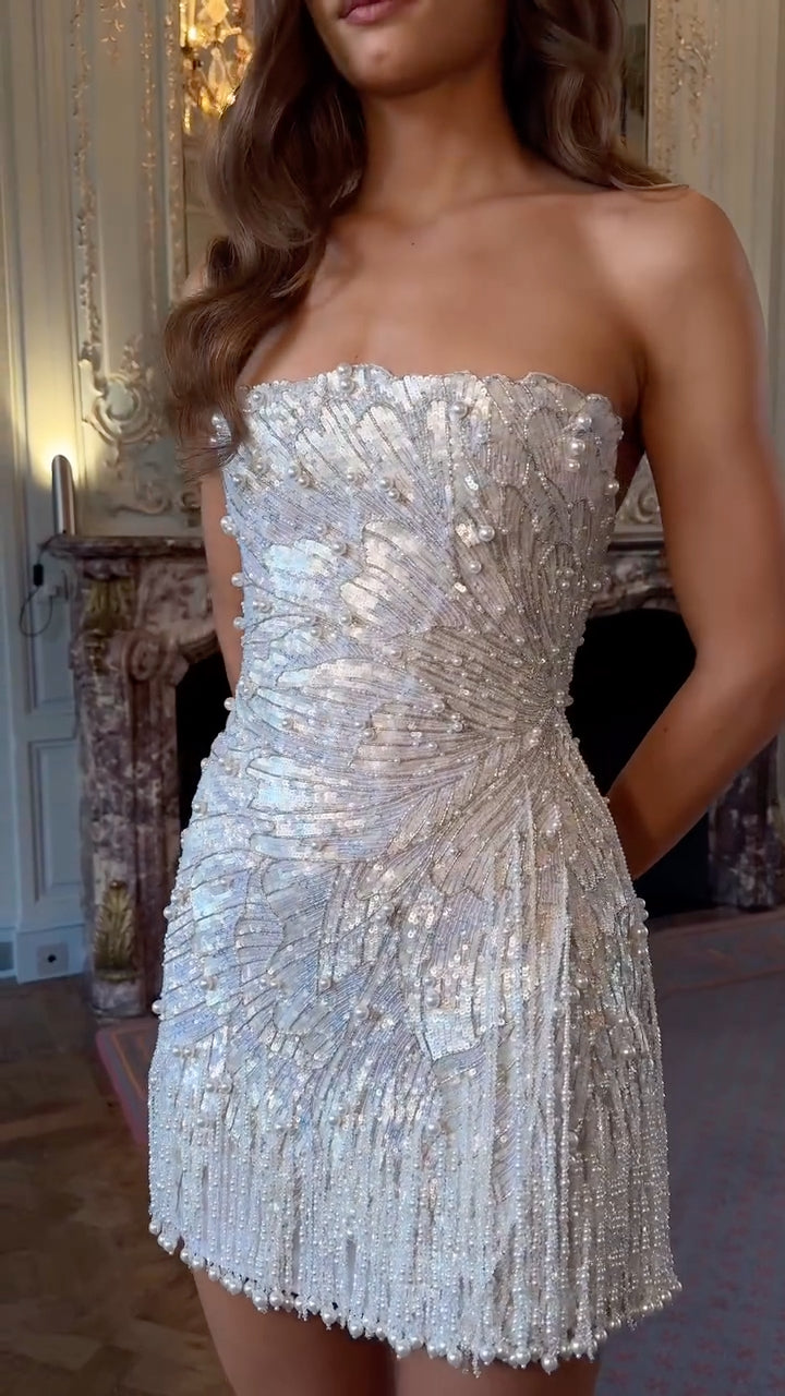 White Beaded Sequin Short Strapless Dress