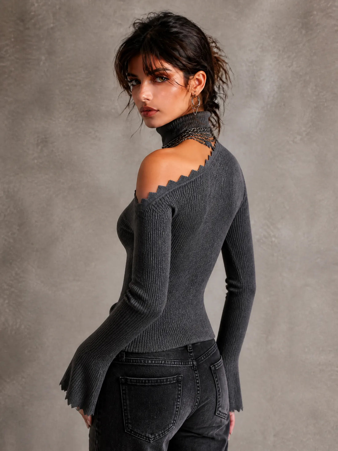 Asymmetric Off-Shoulder Ribbed Knit Sweater with Zigzag Trim
