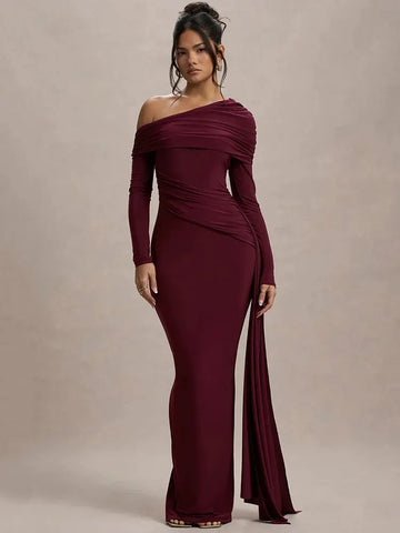 Aurelle Asymmetric Off-Shoulder Bodycon Maxi Dress – Ruched Summer Occasion Dress in Burgundy, Black or Green