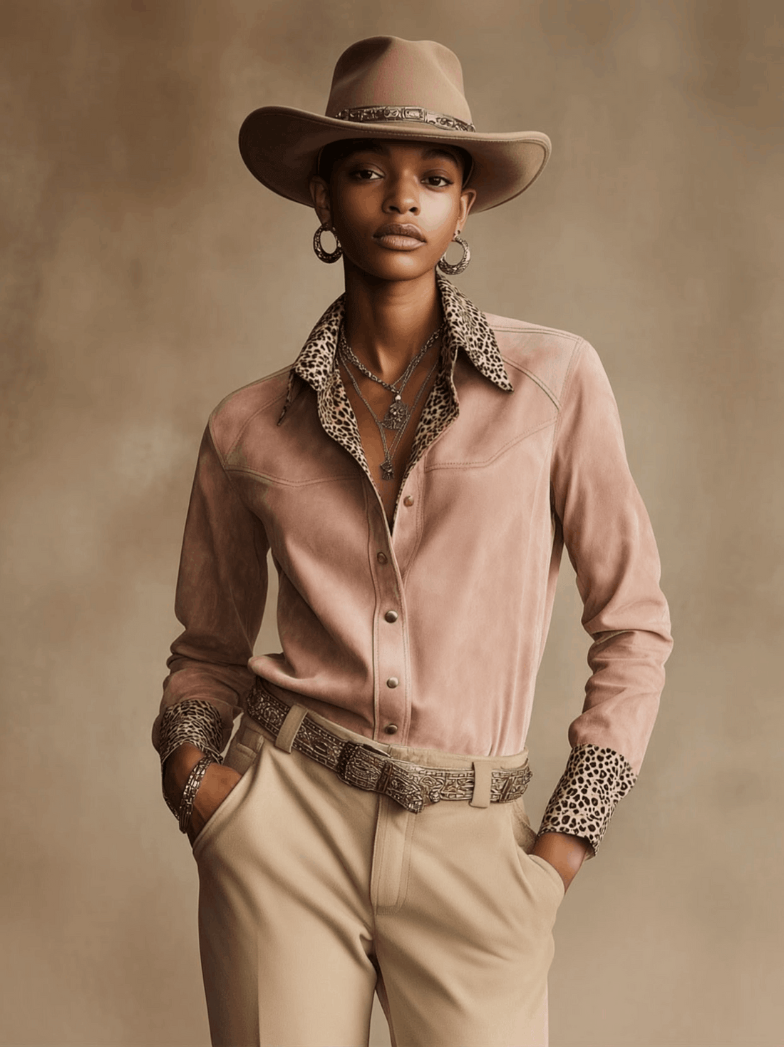 Western Retro Leopard Print Pink Faux Suede Long-Sleeve Shirt
