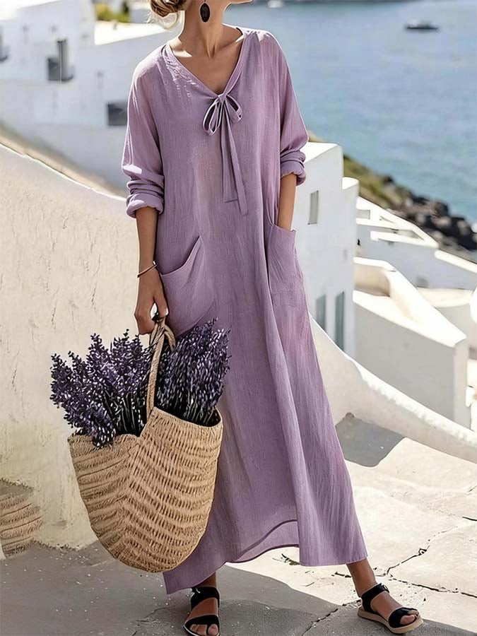 Women'S Casual Solid Color V-Neck Dress