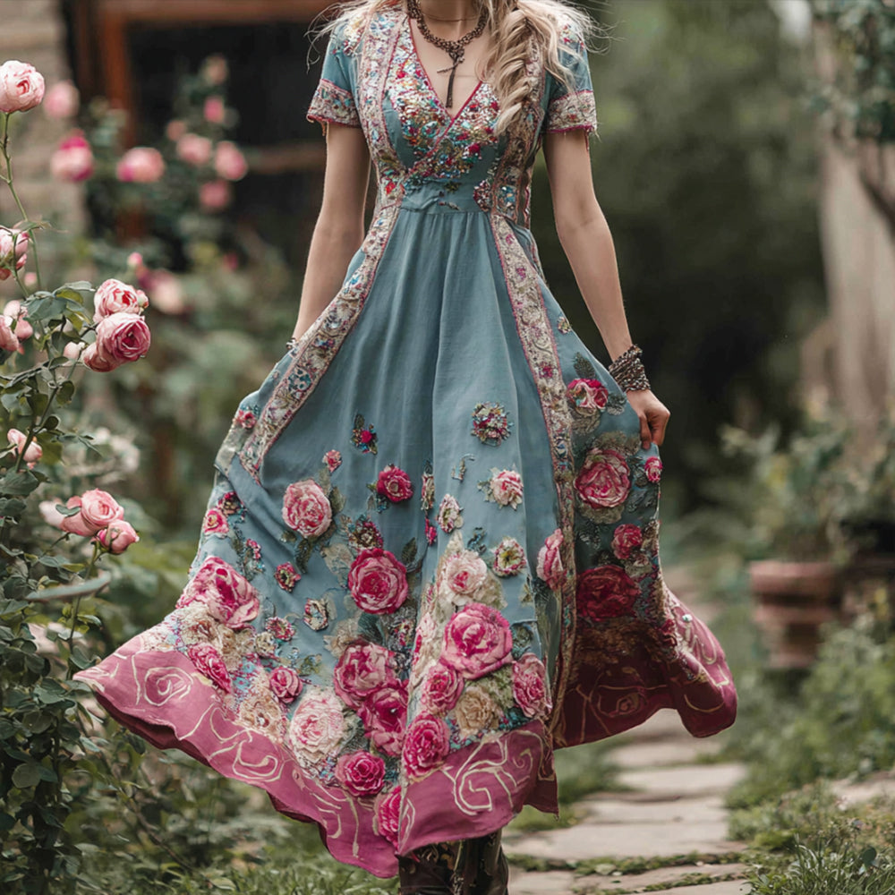 Bohemian Style Three-dimensional Pink Rose Color-block Vintage V-neck Short-sleeved Long Dress