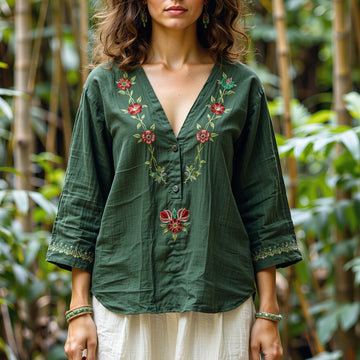 Women's New Casual Embroidery Printed Cotton And Linen Loose Shirt