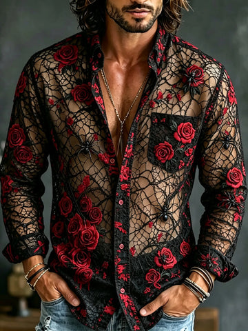 Men's Retro Halloween Spider Rose Print Long-sleeved Cotton Linen Shirt