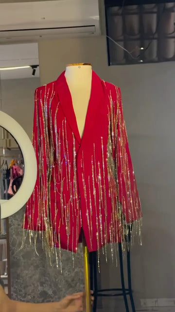 Red Blazer Jacket With Sparkling Rhinestone Fringe