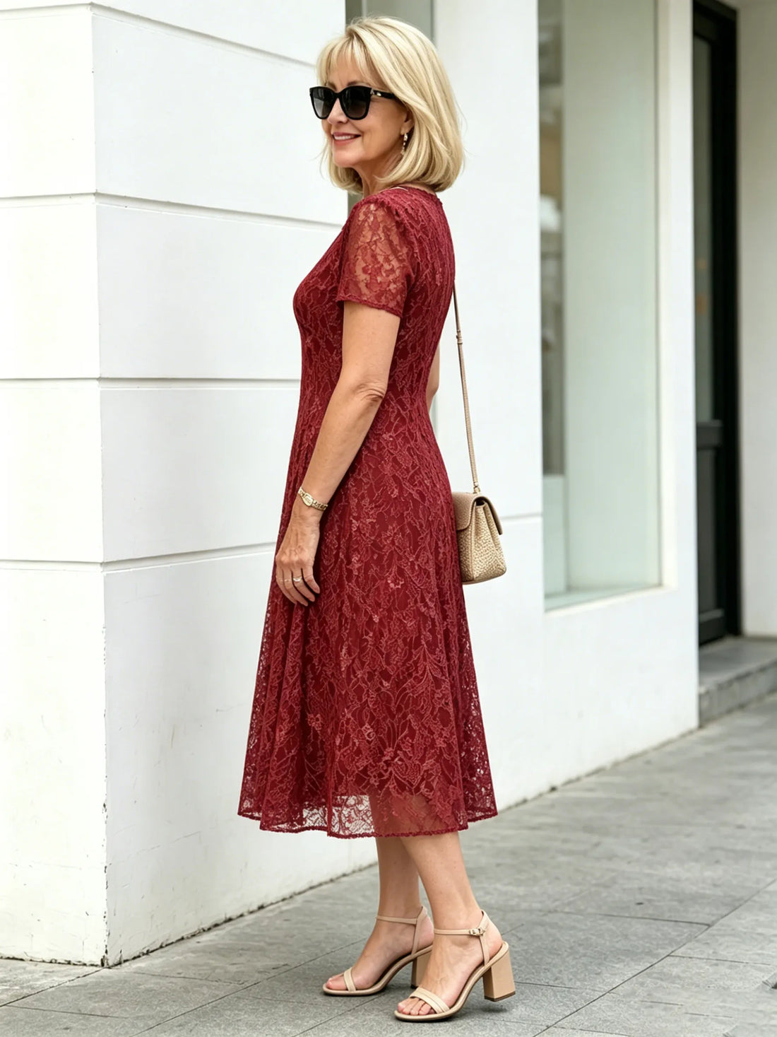 Red Floral Lace Midi Dress, V-Neck Short Sleeve Cinched Waist Slimming Dress for Mature Women