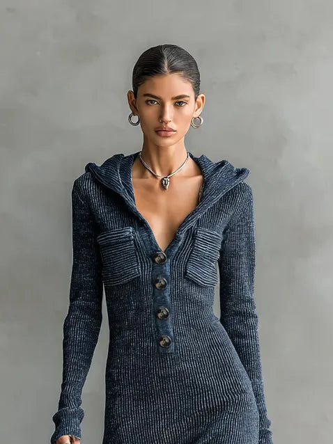 Women's Slim-fit Hooded Knitted Maxi Dress MDA1451H6Y