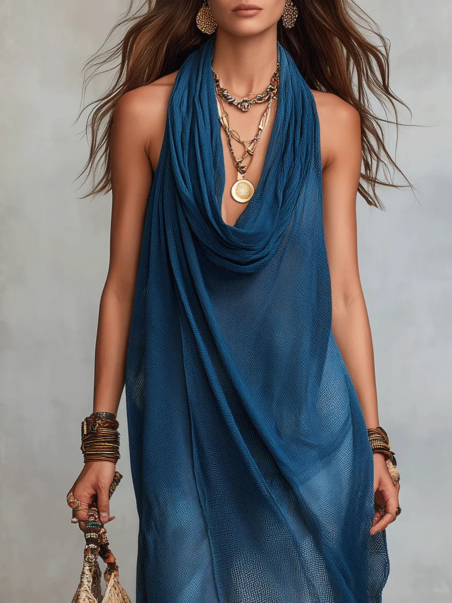 Bohemian Ocean-Blue Draped Halter Maxi Dress