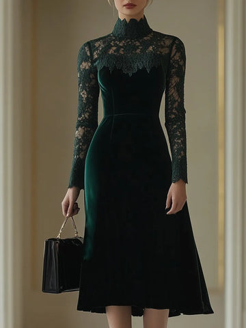 [24-hour shipping out]Elegant Retro Velvet Stitching Lace High Collar Long Sleeve Midi Dress