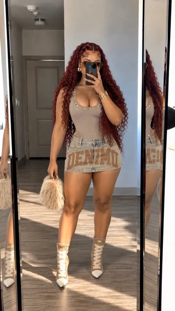 Studded Bodysuit & Denim Mini Skirt Set