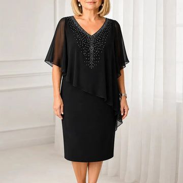 Velora – Rhinestone Look V-Neck Chiffon Like Cape Midi Dress