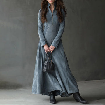 Retro Turtleneck Front Zipper Suede Maxi Dress