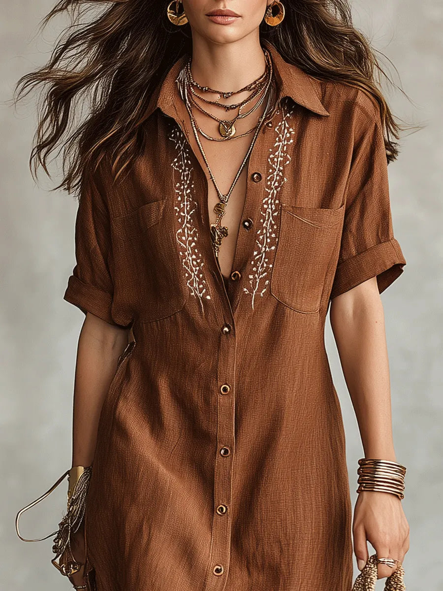 Casual Button Delicate Embroidery Bohemian Flair Maxi Dress