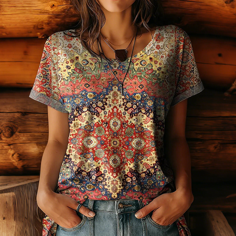 Women's Retro Colorful Ethnic Floral Art Print Crew Neck Cotton T-shirt