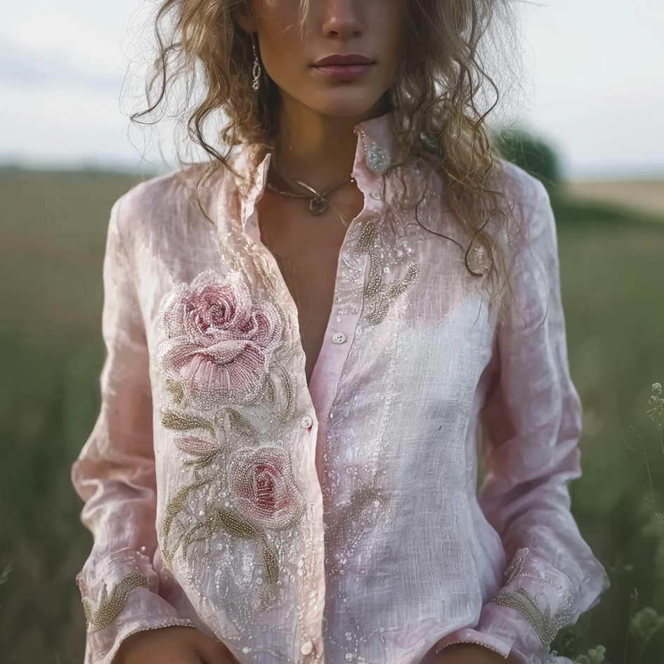 Vintage Pink Rose Bleaded Casual Linen Shirt
