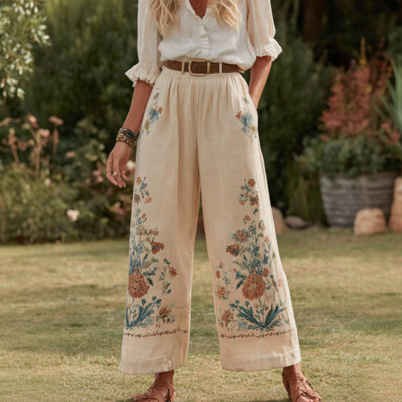 Women's Retro Bohemian Floral Patchwork Linen Trousers