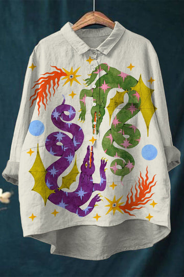 Purple Green Dragon Vintage Printed Linen Shirt