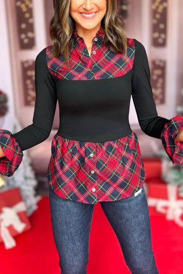 Flounce Long Sleeve Frill Neck Undershirt In Tartan Plaid