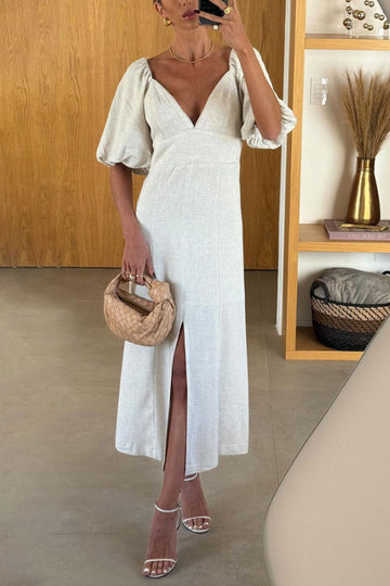 Elegant V-neck Short Sleeve Split Linen Dress