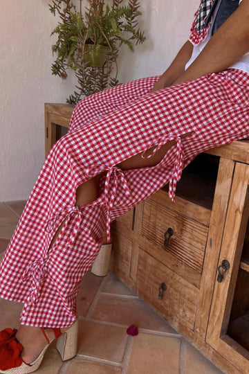 Red Check Trousers with Slit Drawstring