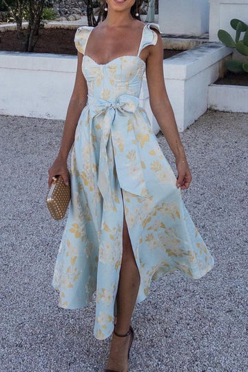 Butterfly Sleeve Printed Waist Tie Dress