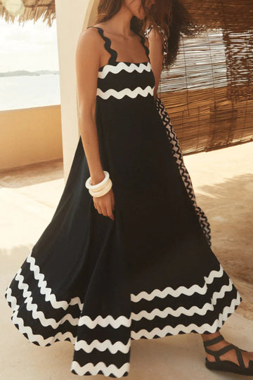 Lace Stitching Wave Suspender Black Maxi Dress