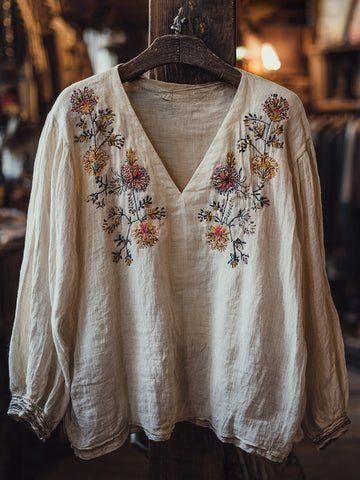 Women's Vintage Bohemian Embroidered Casual Linen Top