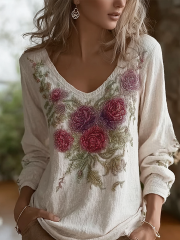 Bohemian Style Retro Red Rose Pattern Women's V-neck Long-sleeve Top