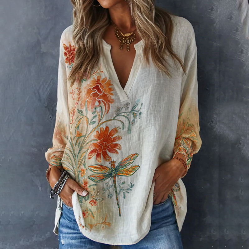 Vintage Dragonfly And Floral  Pattern Linen Long Sleeve Shirts