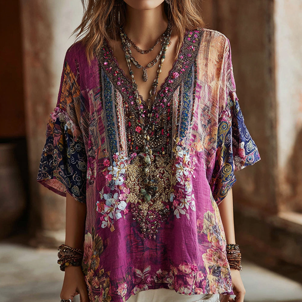 Bohème Floral Tie-dye V-neck Top