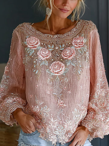 Women's Romantic Floral Embroidered Art Print Flowy Linen Blend Casual Tops